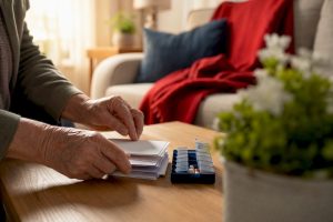 Hands sorting Medicare cards and pill organizer