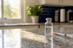 Close-up of insulin vial and syringe on white surface