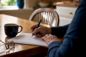 Senior hands filling Medicare forms at desk