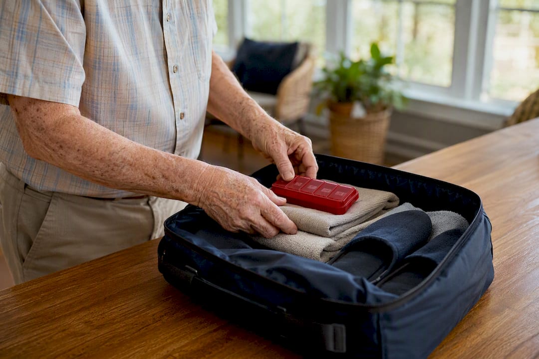 Senior hands packing medication organizer in travel bag
