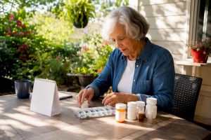 Senior arranging medication and care supplies