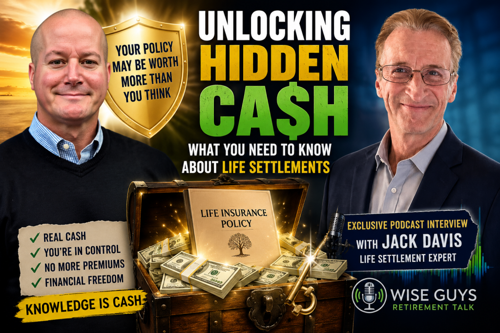 Paul Barrett and life settlement expert Jack Davis beside a treasure chest filled with cash and a life insurance policy, illustrating how unwanted life insurance may have hidden value.
