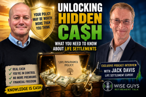 Paul Barrett and life settlement expert Jack Davis beside a treasure chest filled with cash and a life insurance policy, illustrating how unwanted life insurance may have hidden value.
