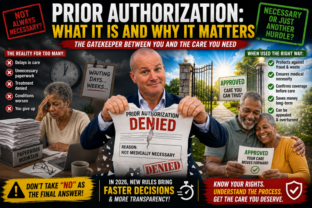 Prior authorization infographic showing a denied Medicare healthcare request, delays and paperwork on one side, approved care on the other, and the importance of understanding and appealing coverage decisions.