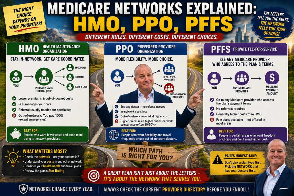 Medicare provider network comparison infographic explaining the differences between HMO, PPO, and PFFS Medicare Advantage plans, including provider access, referrals, out-of-network coverage, and costs.