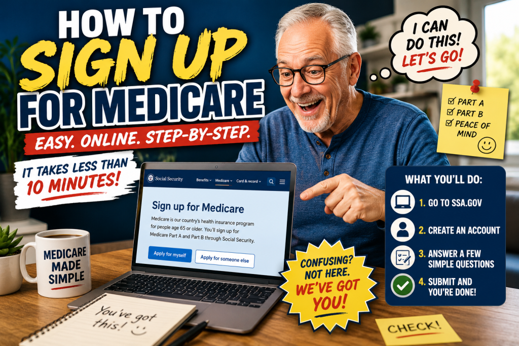 Older adult using a laptop to sign up for Medicare online through Social Security, with a simple four-step enrollment checklist for Medicare Parts A and B.