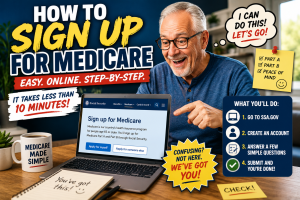 Older adult using a laptop to sign up for Medicare online through Social Security, with a simple four-step enrollment checklist for Medicare Parts A and B.