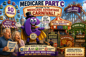 Medicare Part C illustration depicting Medicare Advantage as a carnival of plan choices, including HMO and PPO networks, prescription coverage, dental, vision, hearing benefits, prior authorization, and out-of-pocket costs.