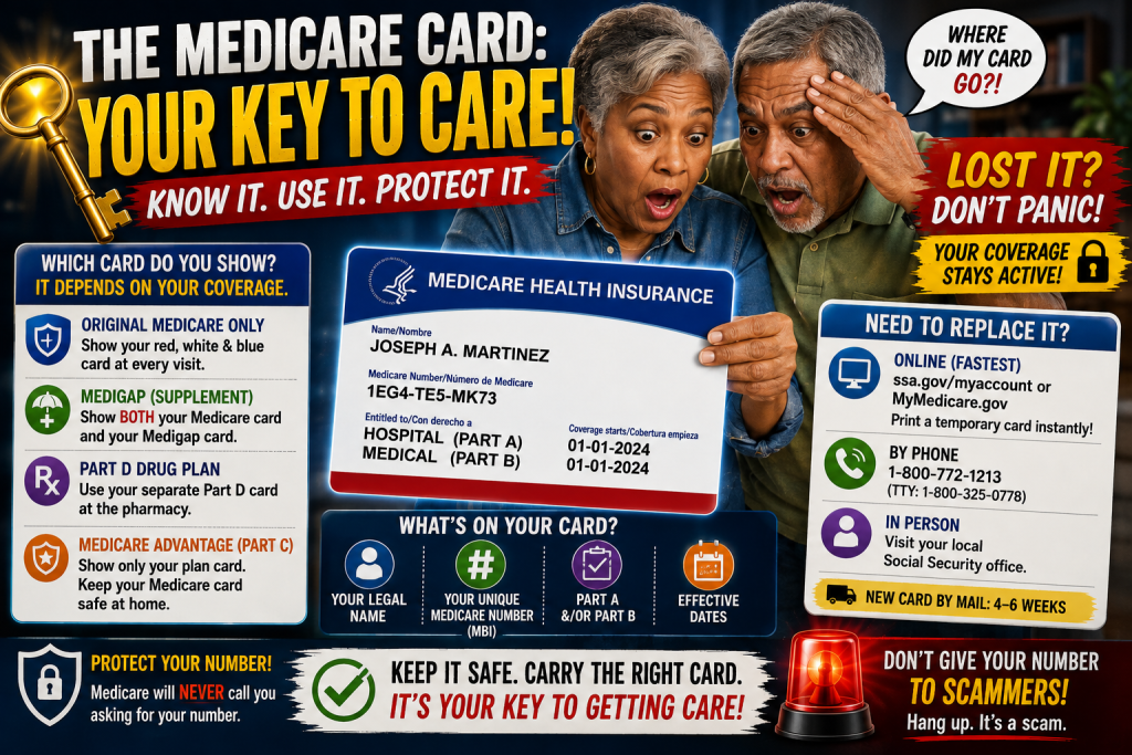 Medicare card infographic showing an older couple examining a Medicare card, what information appears on the card, which insurance card to use, how to replace a lost card, and tips for protecting your Medicare number.