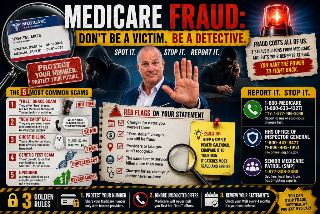 Medicare fraud awareness graphic showing common scams, warning signs, ways to report suspected fraud, and tips for protecting your Medicare number.