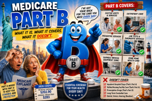 Medicare Part B illustration showing doctor visits, outpatient care, preventive services, lab tests, durable medical equipment, and certain home health services covered by Part B.