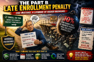Medicare Part B late enrollment penalty illustration showing how delaying Part B without qualifying coverage can result in a 10% premium penalty for each full 12-month period of delayed enrollment.