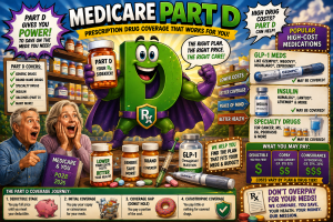 Medicare Part D illustration showing prescription drug coverage for generic, brand-name, insulin, specialty, and certain high-cost medications, along with deductibles, copays, and coinsurance.