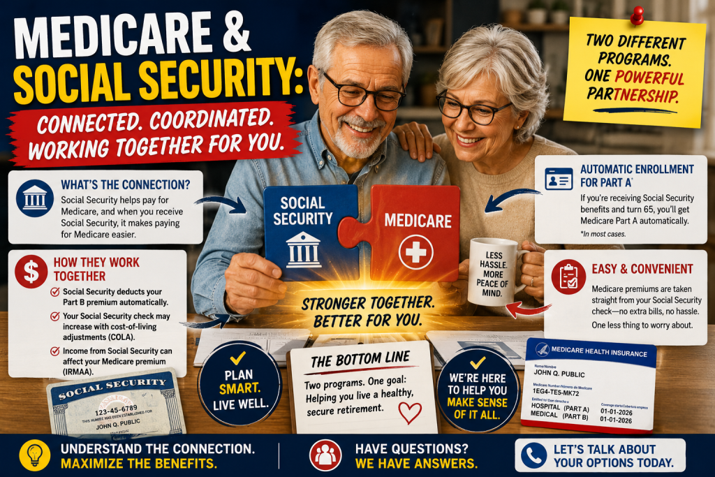 Medicare and Social Security infographic showing a senior couple connecting Medicare and Social Security puzzle pieces, with information about enrollment, Medicare premiums, and how the two federal programs work together.