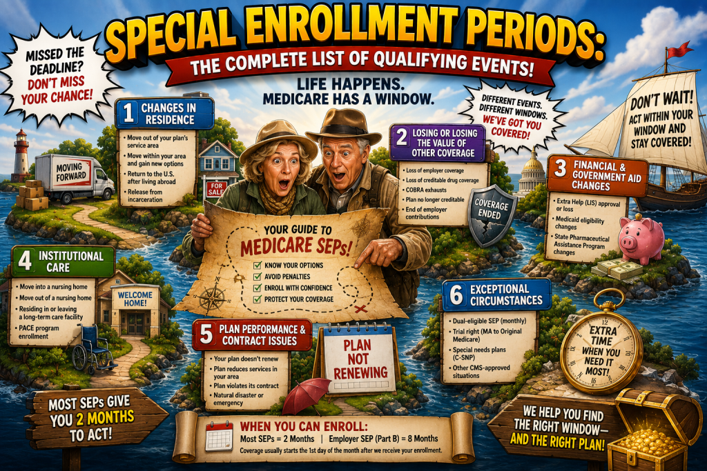 Medicare Special Enrollment Period illustration showing qualifying events such as moving, losing employer or drug coverage, Medicaid or Extra Help changes, institutional care, plan changes, and other special circumstances.