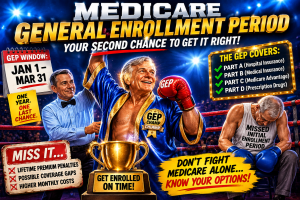 Medicare General Enrollment Period illustration showing the January 1 through March 31 enrollment window for people who missed their initial opportunity to enroll in Medicare Part A or Part B.