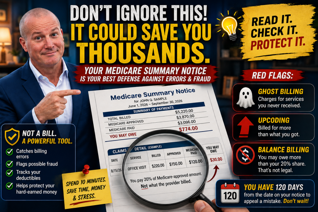 Medicare Summary Notice infographic showing how to review Medicare claims, understand billed and approved amounts, spot billing errors or fraud, and recognize the 120-day appeal deadline.