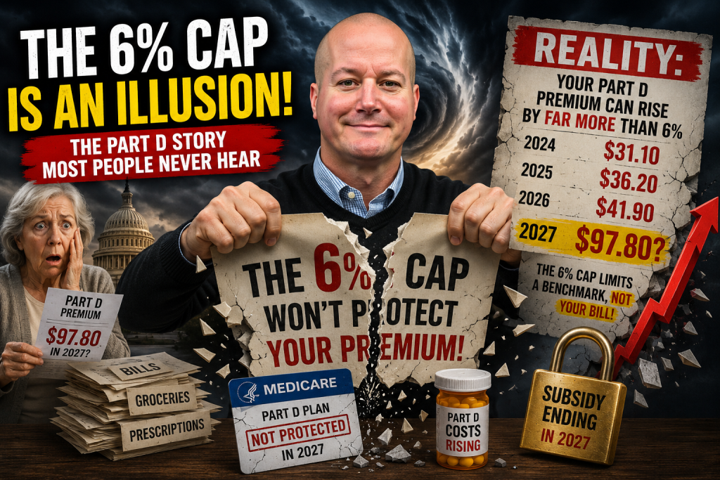 Medicare expert explaining why the 6% Medicare Part D premium cap does not guarantee lower premiums in 2027, with visual examples of rising prescription drug plan costs and ending subsidies.
