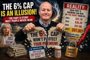 Medicare expert explaining why the 6% Medicare Part D premium cap does not guarantee lower premiums in 2027, with visual examples of rising prescription drug plan costs and ending subsidies.