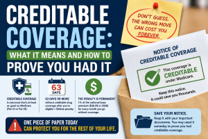 Creditable coverage infographic explaining what Medicare creditable coverage means, the 63-day Part D rule, potential lifetime late-enrollment penalties, and why beneficiaries should save their Notice of Creditable Coverage.