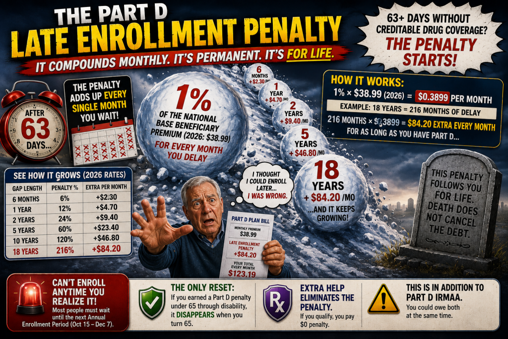 Medicare Part D late enrollment penalty illustration showing how going 63 days or more without creditable prescription drug coverage can lead to an ongoing penalty added to a beneficiary’s Part D premium.