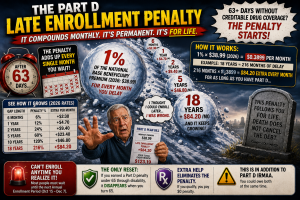 Medicare Part D late enrollment penalty illustration showing how going 63 days or more without creditable prescription drug coverage can lead to an ongoing penalty added to a beneficiary’s Part D premium.