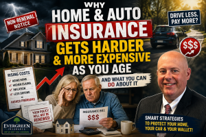 Older couple reviewing a rising home and auto insurance bill as insurance agent Pete Schmidt explains higher premiums, non-renewals, and ways retirees can protect their coverage.
