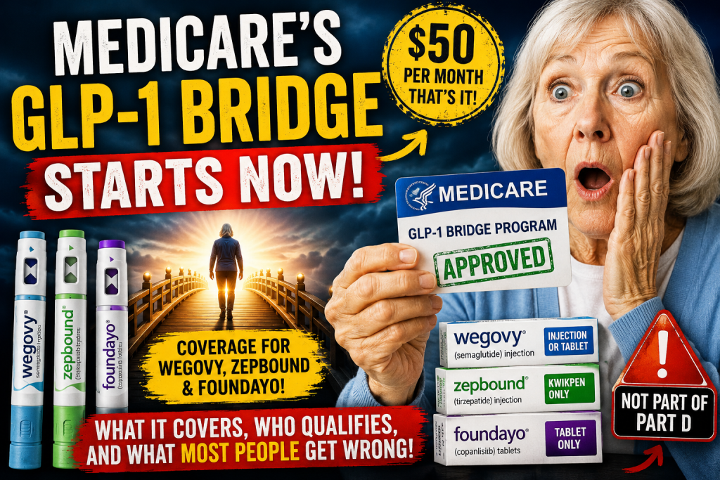 Senior holding an approved Medicare GLP-1 Bridge Program card highlighting $50 monthly coverage for eligible Wegovy and Zepbound users outside of Medicare Part D.