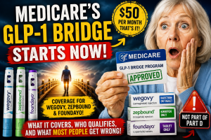 Senior holding an approved Medicare GLP-1 Bridge Program card highlighting $50 monthly coverage for eligible Wegovy and Zepbound users outside of Medicare Part D.