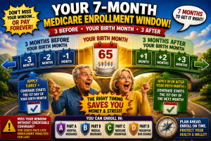 Medicare Initial Enrollment Period illustration showing the seven-month enrollment window around a person’s 65th birthday—three months before, the birthday month, and three months after.