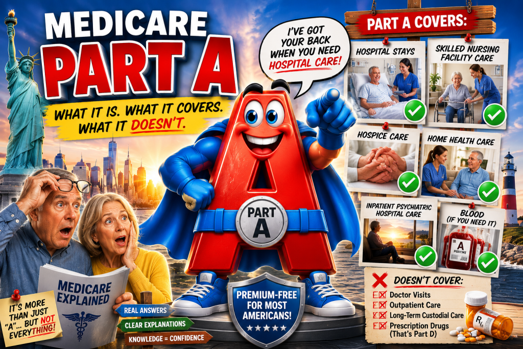 Colorful Medicare Part A illustration showing hospital stays, skilled nursing facility care, hospice, home health care, inpatient psychiatric care, and blood as examples of services Part A may cover