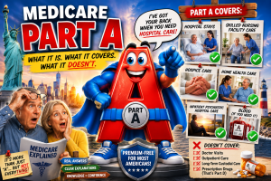 Colorful Medicare Part A illustration showing hospital stays, skilled nursing facility care, hospice, home health care, inpatient psychiatric care, and blood as examples of services Part A may cover