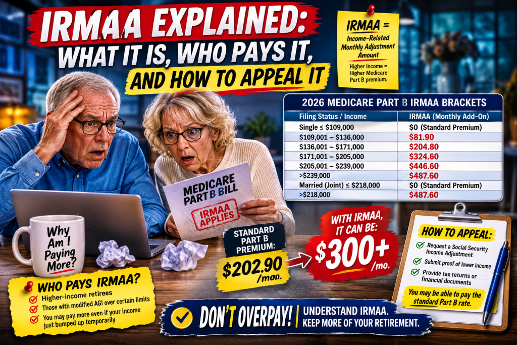 IRMAA infographic explaining why some higher-income Medicare beneficiaries pay more for Medicare Part B, with 2026 income brackets, premium surcharges, and information about appealing an IRMAA determination.