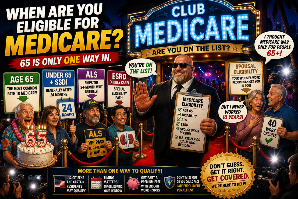 Medicare eligibility illustration showing the different ways people may qualify for Medicare, including turning 65, disability, ALS, ESRD, and eligibility based on a spouse’s work history.