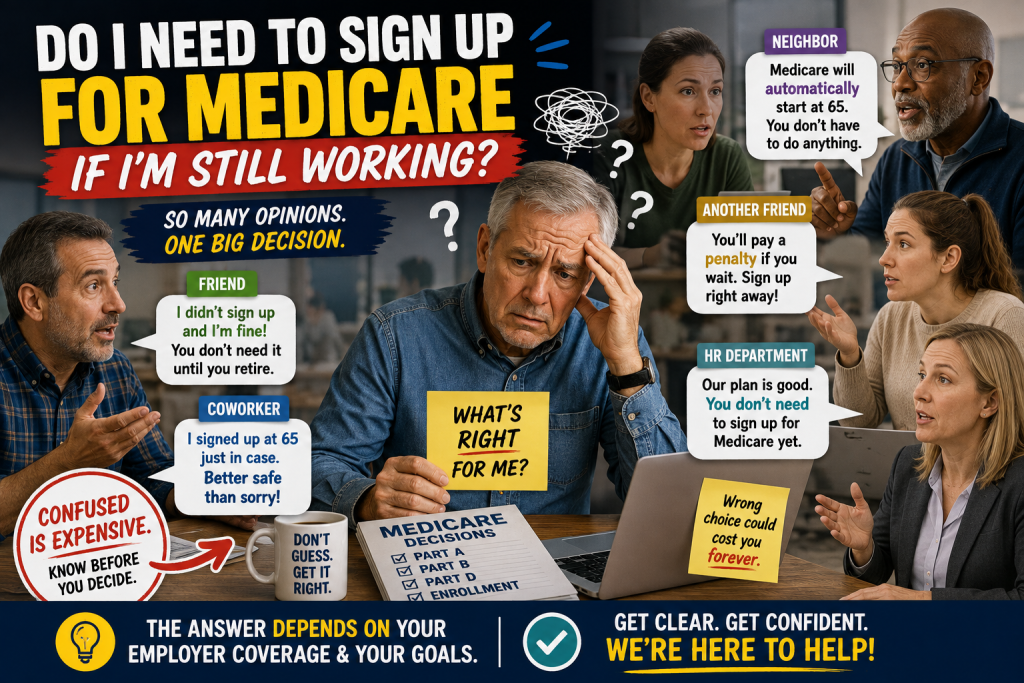 Medicare while still working infographic showing a confused older worker receiving conflicting advice from friends, a coworker, neighbor, and HR about whether to enroll in Medicare at age 65.