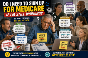 Medicare while still working infographic showing a confused older worker receiving conflicting advice from friends, a coworker, neighbor, and HR about whether to enroll in Medicare at age 65.