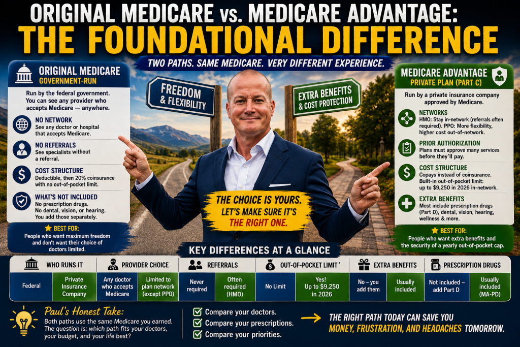 Original Medicare vs. Medicare Advantage infographic comparing provider freedom, networks, referrals, prior authorization, prescription drug coverage, extra benefits, and out-of-pocket costs.