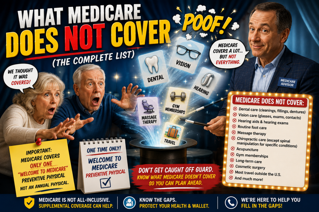 Medicare coverage gaps infographic showing a surprised senior couple as dental, vision, hearing aids, routine foot care, massage therapy, gym memberships, long-term care, and other services disappear from Medicare coverage.