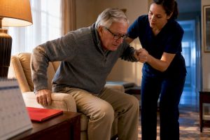 Caregiver assisting senior during long term care
