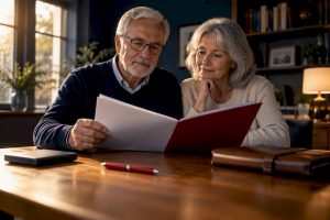 Couple reviewing long-term care policy documents