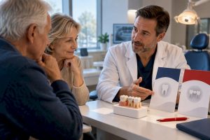 Senior couple comparing dental coverage options