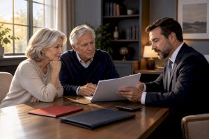 Adviser discussing annuity care benefits with couple