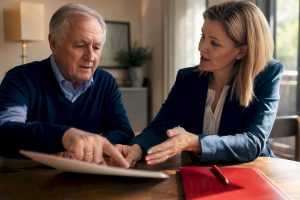Beneficiary reviewing Medicare enrollment options with agent
