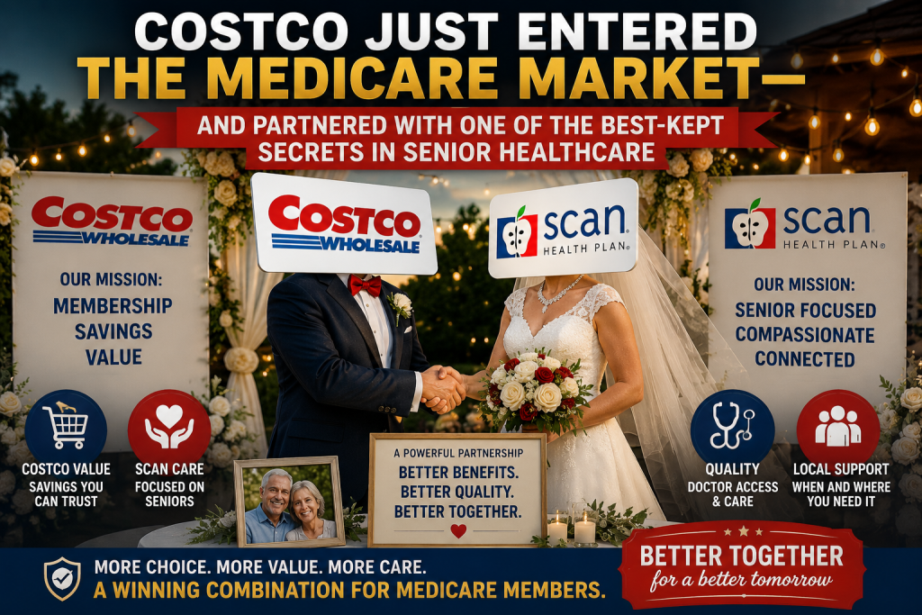 Costco and SCAN Health Plan portrayed as newlyweds to symbolize their new Medicare partnership, combining Costco membership value with SCAN’s senior-focused healthcare.