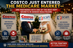 Costco and SCAN Health Plan portrayed as newlyweds to symbolize their new Medicare partnership, combining Costco membership value with SCAN’s senior-focused healthcare.