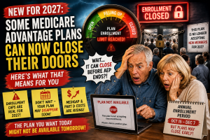 Concerned senior couple discovers their preferred 2027 Medicare Advantage plan is no longer accepting enrollments as an enrollment-limit gauge reaches closed.