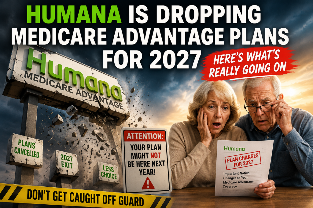 Humana Medicare Advantage 2027 plan changes illustrated by a crumbling Humana sign and a concerned senior couple reading a plan-change notice.