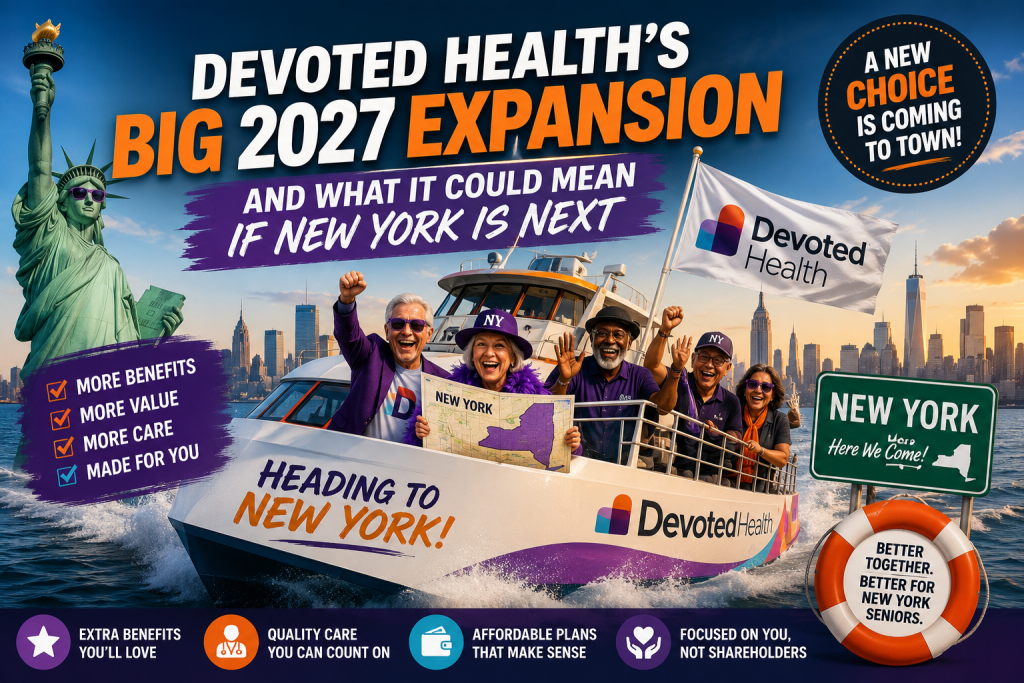 Devoted Health boat arriving in New York with the Statue of Liberty and Manhattan skyline, representing the Medicare Advantage carrier’s 2027 expansion and potential New York entry.