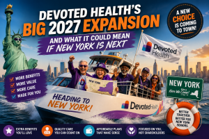 Devoted Health boat arriving in New York with the Statue of Liberty and Manhattan skyline, representing the Medicare Advantage carrier’s 2027 expansion and potential New York entry.
