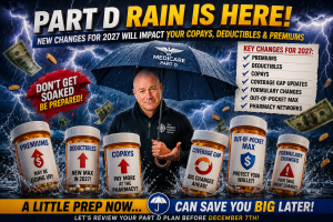 Medicare expert Paul Barrett stands under a Medicare Part D umbrella during a storm of prescription costs, illustrating potential 2027 changes to premiums, deductibles, copays, formularies and pharmacy networks.